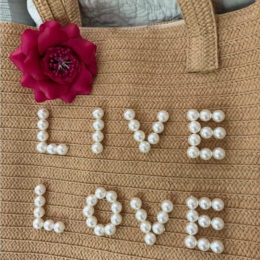Straw Tote Bag Pearl Lettering Floral Accent